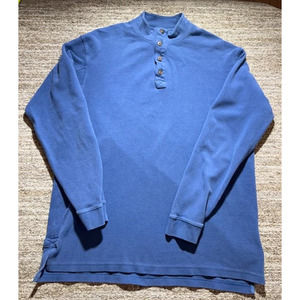 Duluth Trading Co Shirt Mens Large L Blue Henley Neck 1/4 Button Up Pocket